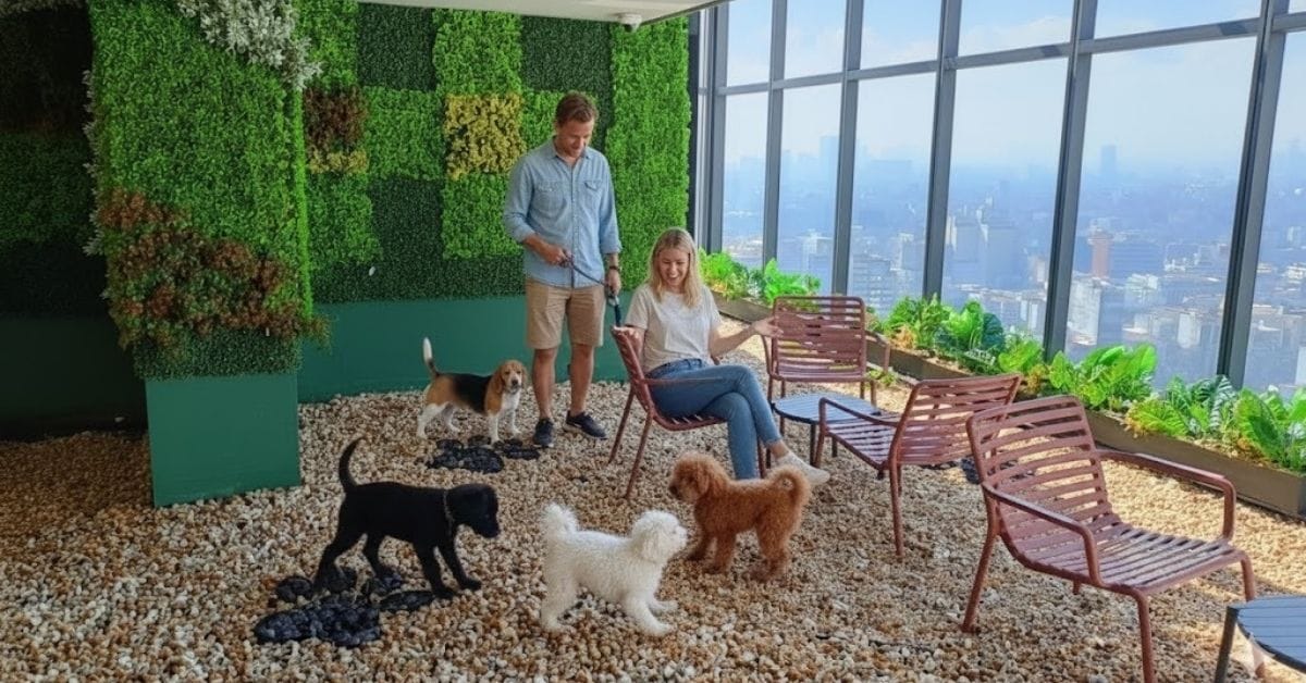Área pet friendly con mascotarios y jardín para mascotas