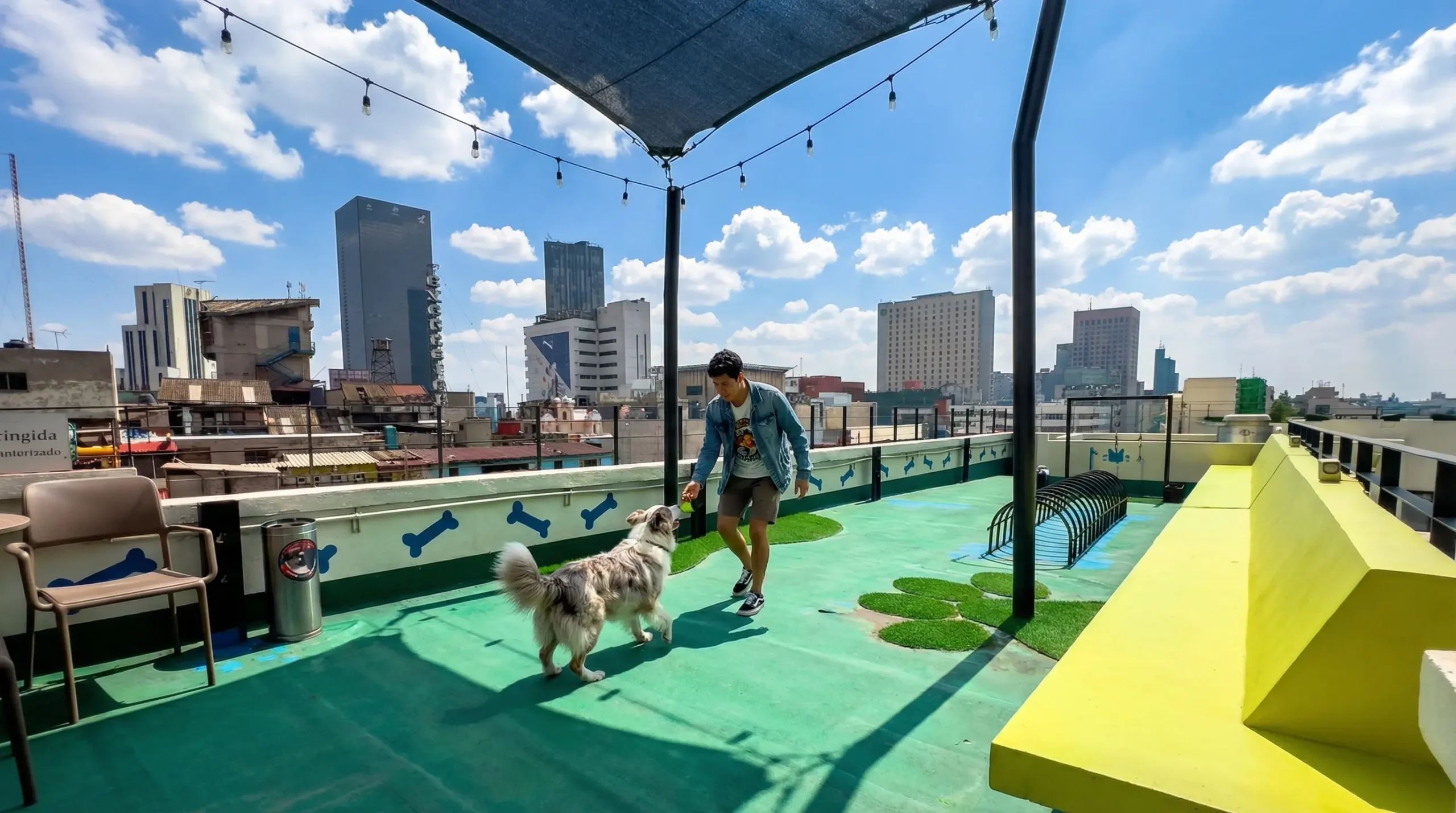 Zona pet friendly con Γ‘reas verdes para mascotas en CDMX