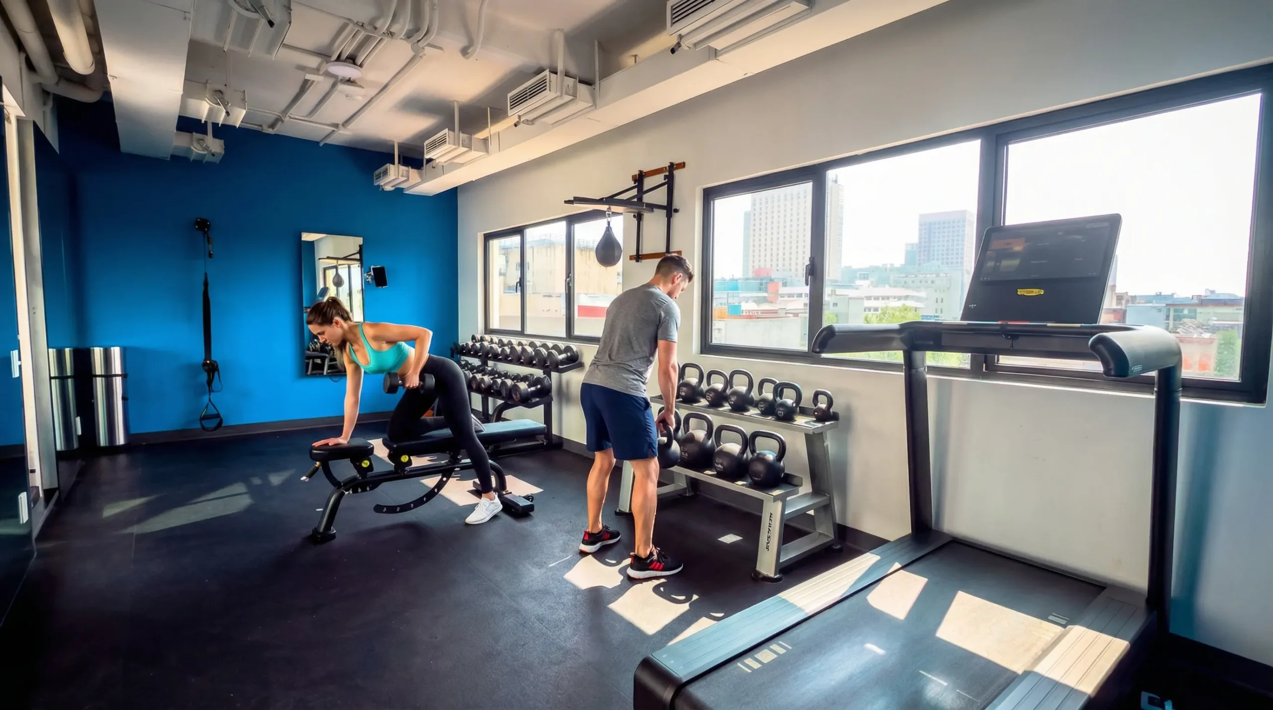 Gimnasio equipado con maquinaria de primera en edificio Urbanista