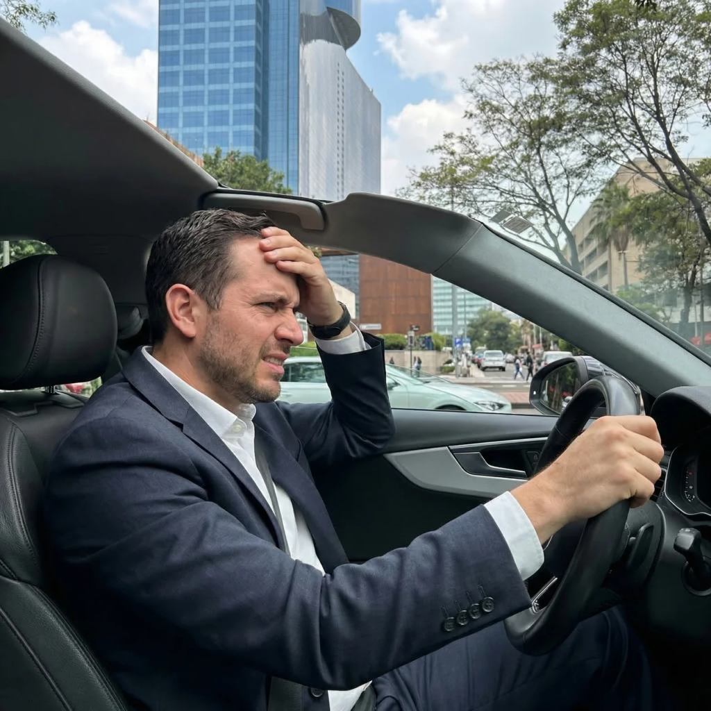 hombre estresado por el tráfico en la napoles insurgentes sur cdmx