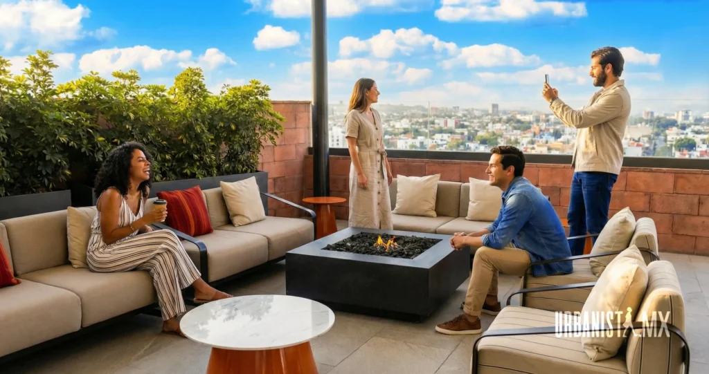Vecinos disfrutando del rooftop con vista a la ciudad
